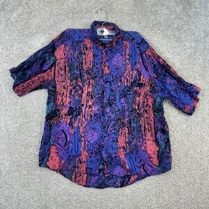 Tribes Button Down Shirt Mens Large Purple Pink Abstract Vintage 90s Rayon Retro